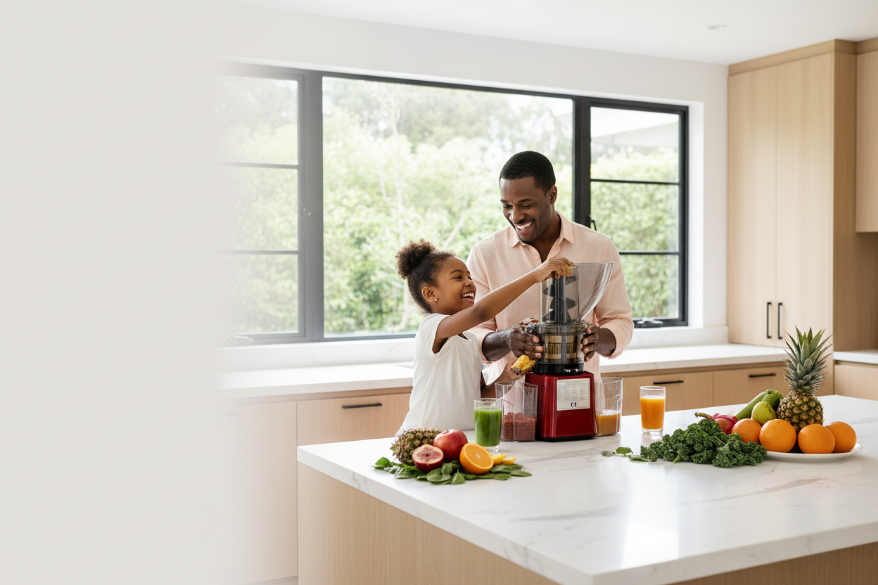 Hero image - Black family in modern kitchen with both juicers
