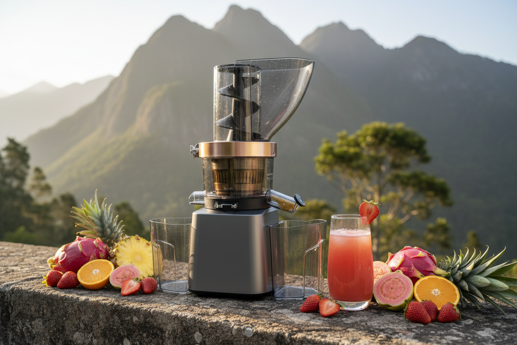 Juicer in mountain setting with guava-strawberry juice