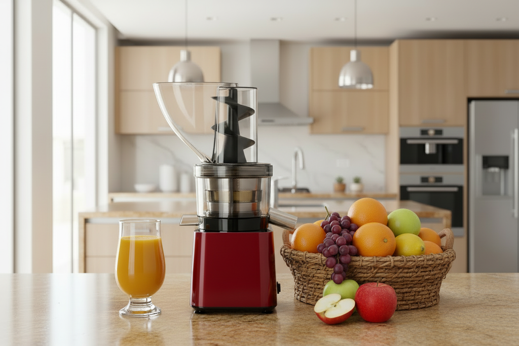 Juicer with fruit basket and juice glass