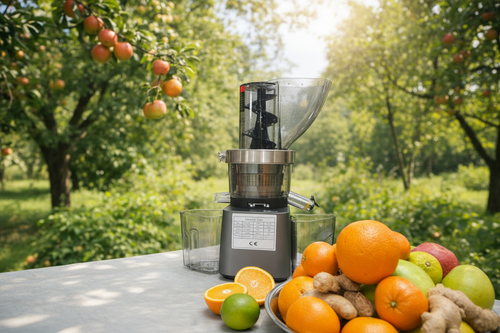 Slow juicer with fresh citrus in garden setting - landscape