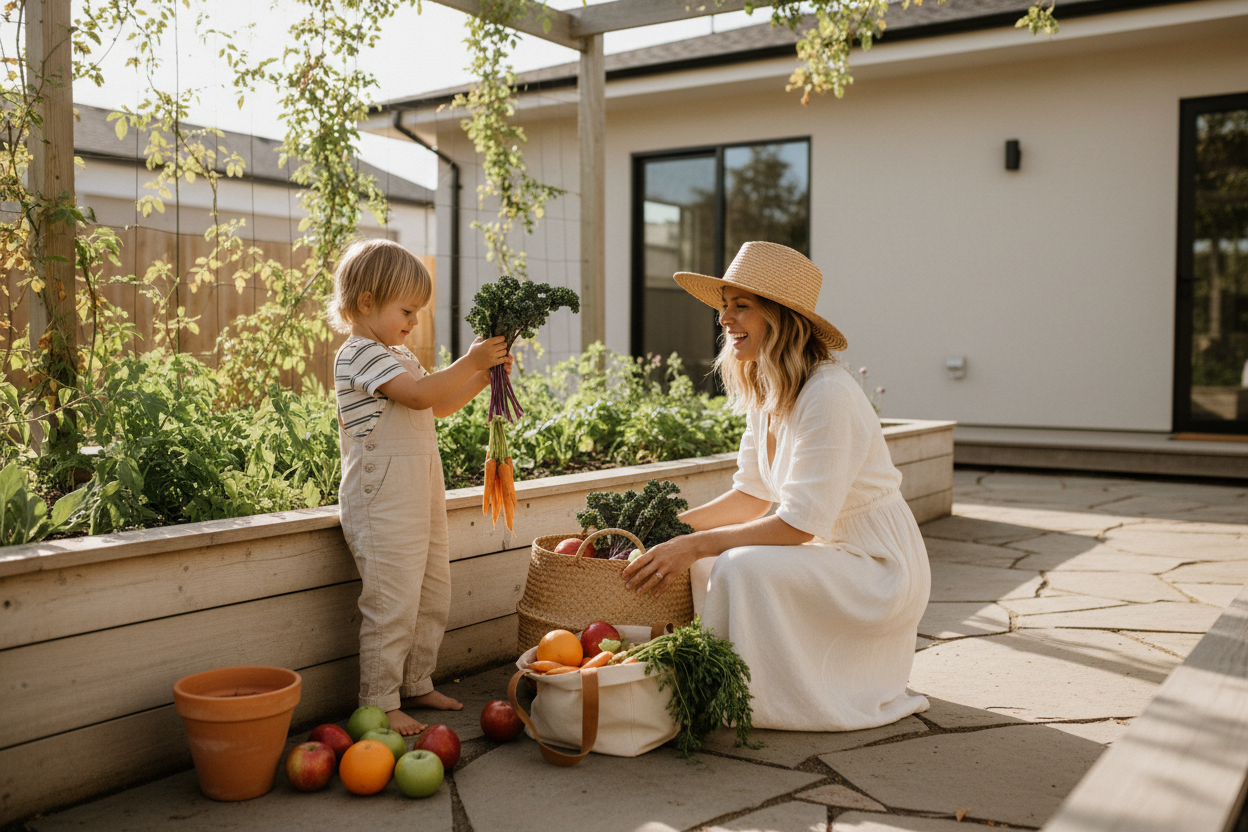 Woman and child harvesting produce - Modern American style